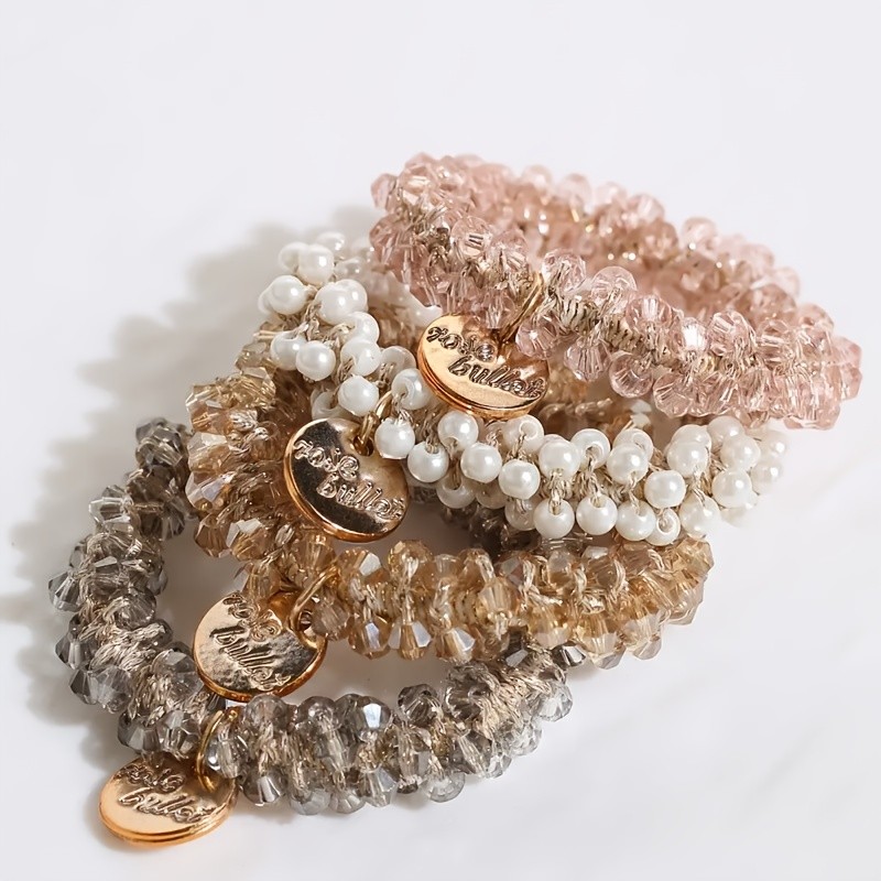 ✨4Pcs Pearl Rhinestone Hair Tie Set With Beaded Charms In Pink Peach White Golden Elegant Stylish Hair Accessories