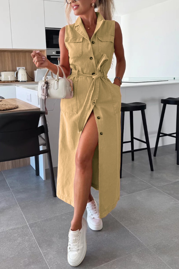 Solid Color Sleeveless Single Breasted Wst Tie Casual Pocket Denim Midi Dress