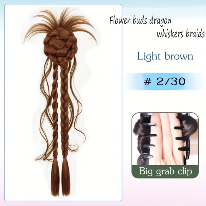20 Inch Long Flower Bud Dragon Whisker Twisted Braid Ponytail Synthetic Claw Clip Flower Bud Twisted Braid