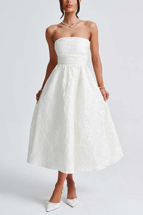 Jacquard Fabric Strapless Open Back Elegant Slim Midi Dress