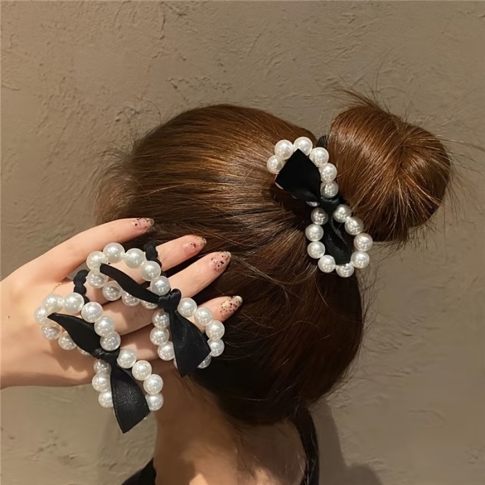 🖤 Black Pearl Bow Headband Set | Romantic Luxury Hair Accessory