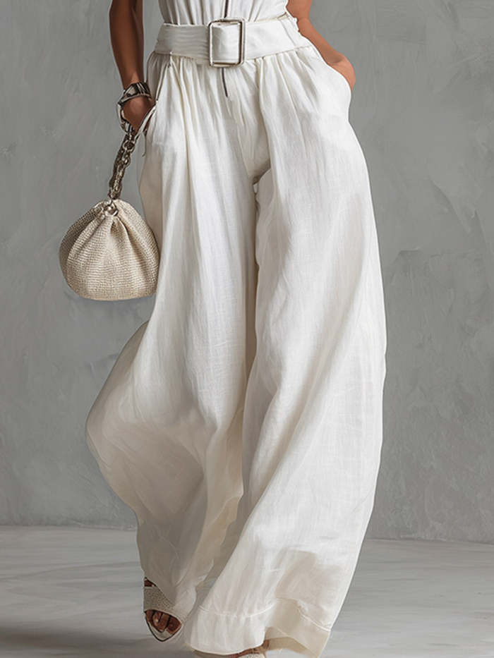 Elegant Urban Belted Sleeveless Wide-Leg Jumpsuit