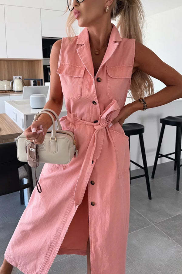 Solid Color Sleeveless Single Breasted Wst Tie Casual Pocket Denim Midi Dress