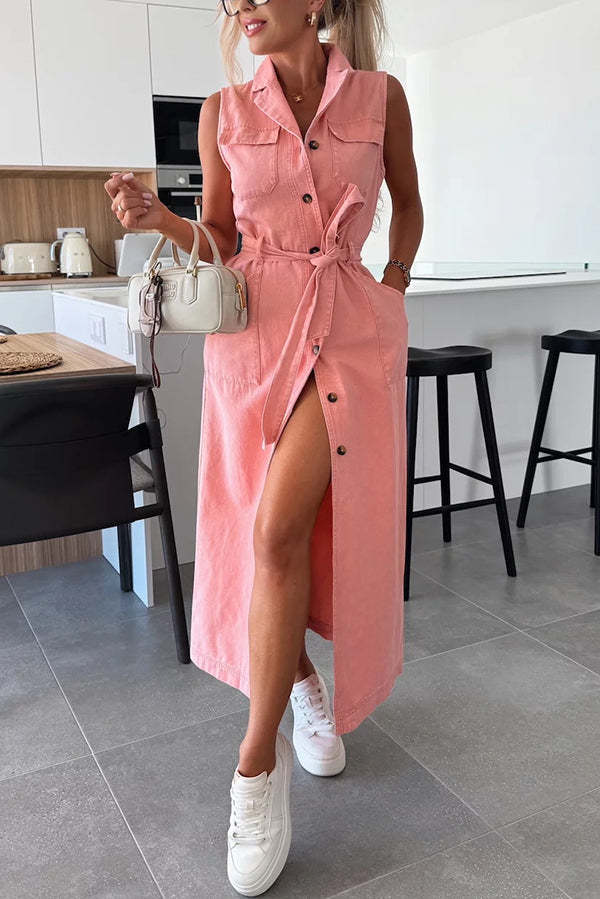 Solid Color Sleeveless Single Breasted Wst Tie Casual Pocket Denim Midi Dress