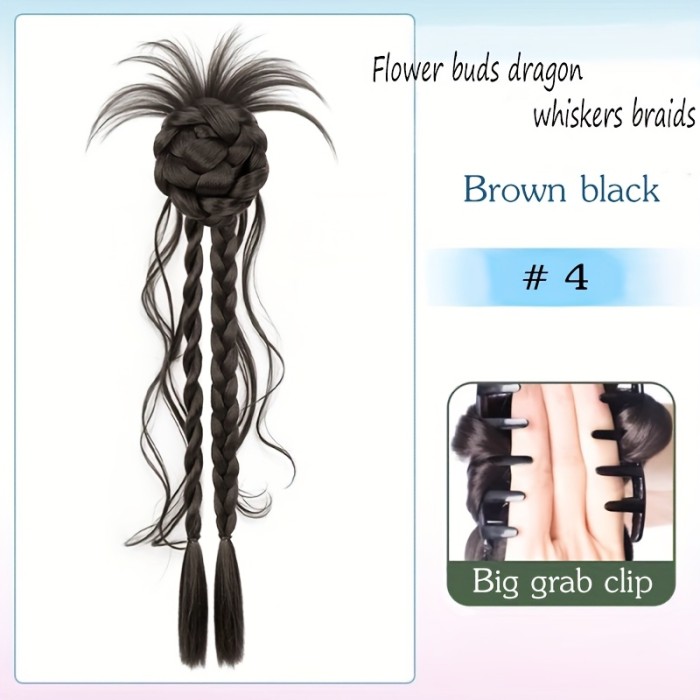20 Inch Long Flower Bud Dragon Whisker Twisted Braid Ponytail Synthetic Claw Clip Flower Bud Twisted Braid