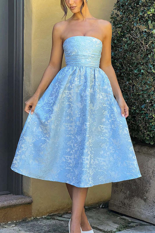 Jacquard Fabric Strapless Open Back Elegant Slim Midi Dress