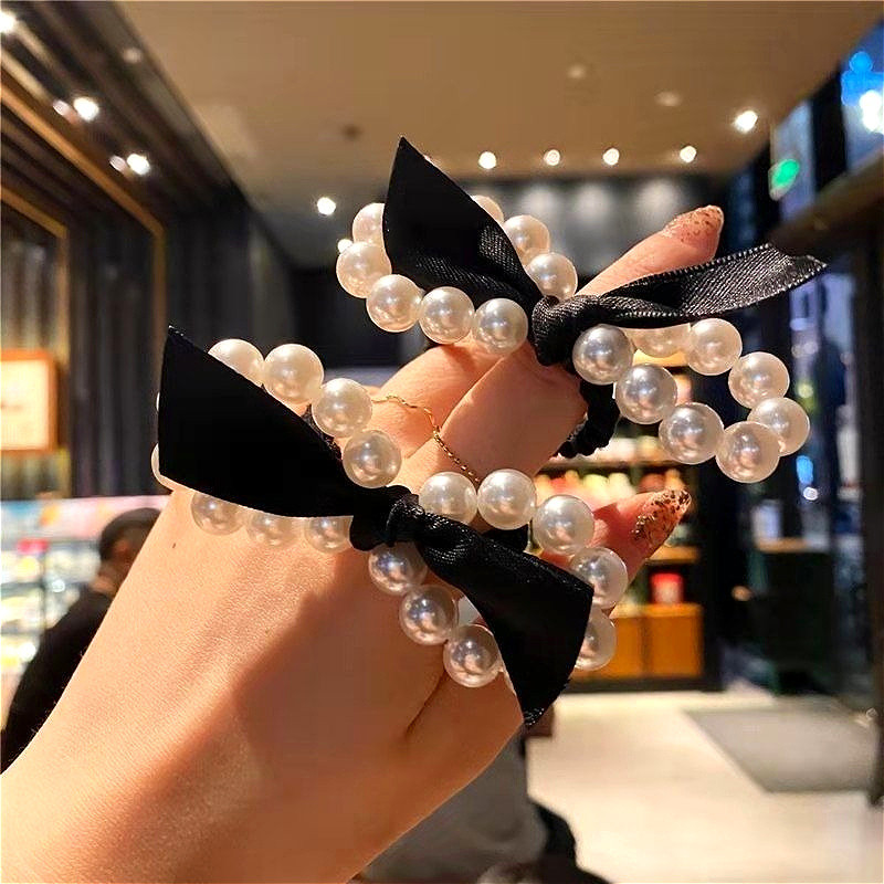 🖤 Black Pearl Bow Headband Set | Romantic Luxury Hair Accessory