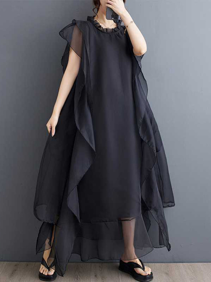 Split-Joint Solid Color Pleated Sleeveless Ruffle Sleeves Round-Neck Midi Dresses