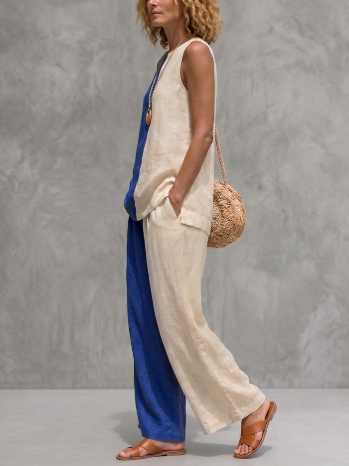 Loose Sleeveless Contrast Color Round-Neck Blouses&Shirts Tops + Pleated Pockets Casual Trousers Pants Bottoms Two Pieces Set