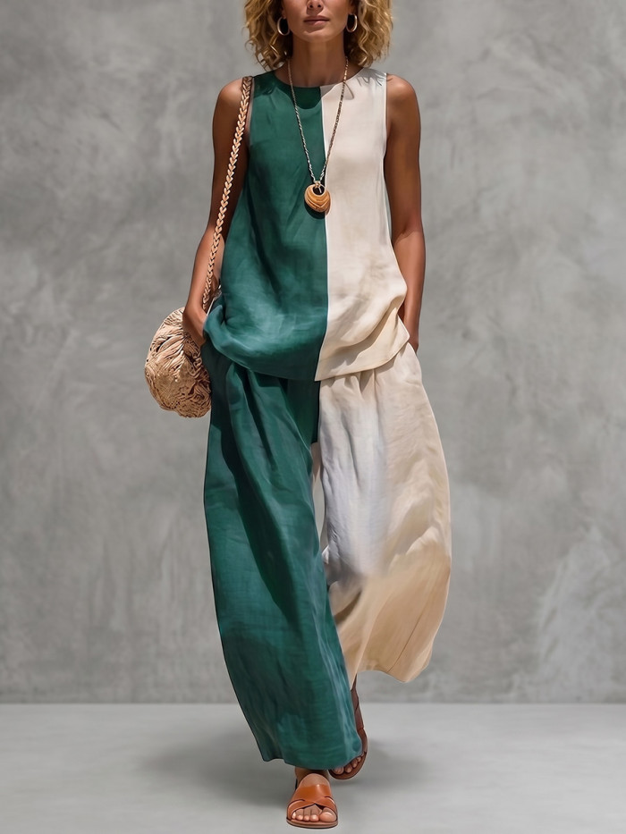 Loose Sleeveless Contrast Color Round-Neck Blouses&Shirts Tops + Pleated Pockets Casual Trousers Pants Bottoms Two Pieces Set