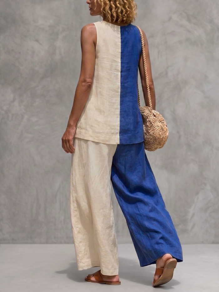 Loose Sleeveless Contrast Color Round-Neck Blouses&Shirts Tops + Pleated Pockets Casual Trousers Pants Bottoms Two Pieces Set