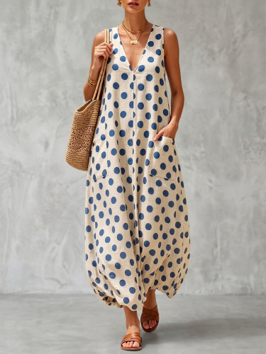 Polka-Dot Pockets Contrast Color Sleeveless Loose V-Neck Maxi Dresses