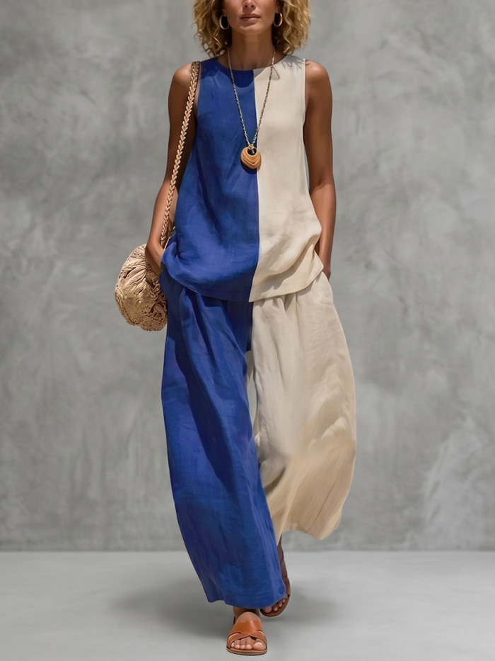Loose Sleeveless Contrast Color Round-Neck Blouses&Shirts Tops + Pleated Pockets Casual Trousers Pants Bottoms Two Pieces Set