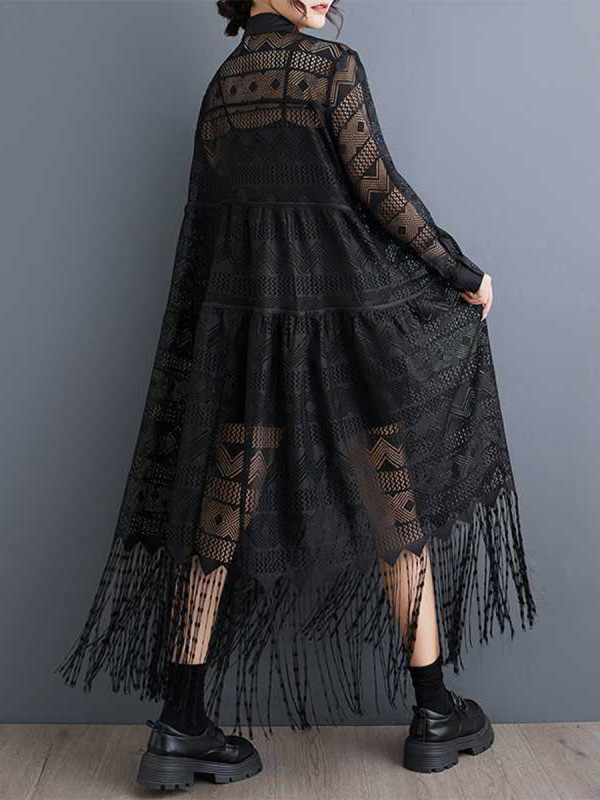 Tasseled Split-Joint See-Through Printed Buttoned Loose Long Sleeves Lapel Midi Dresses