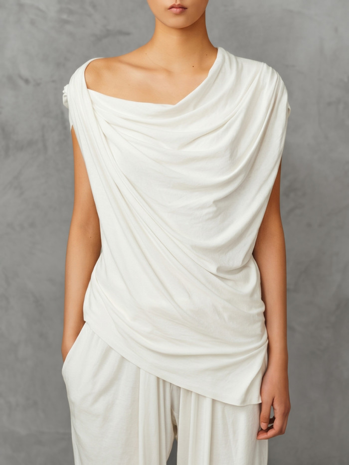 Solid Color Pleated Asymmetric Sleeveless Loose One-Shoulder Blouses&Shirts Tops