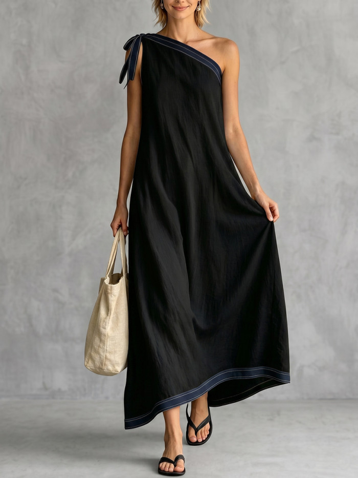Contrast Color Asymmetric Sleeveless A-Line One-Shoulder Maxi Dresses