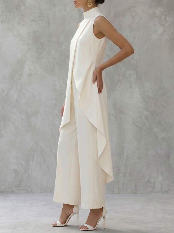 Solid Color Mock Neck High-Low Blouses&Shirts Tops + High Waisted Pants Trousers Two Pieces Set