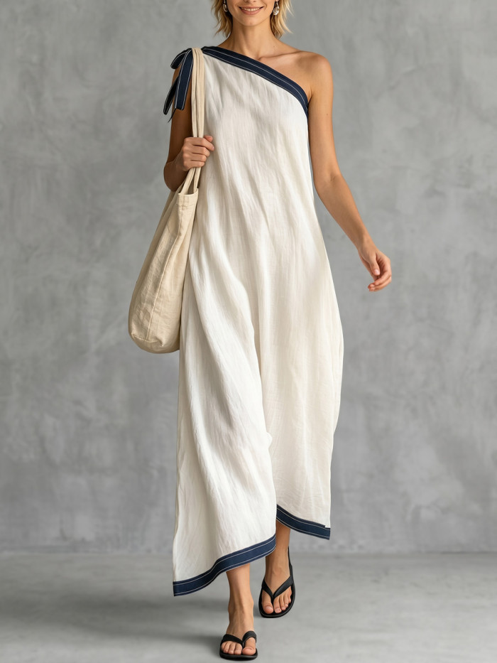Contrast Color Asymmetric Sleeveless A-Line One-Shoulder Maxi Dresses