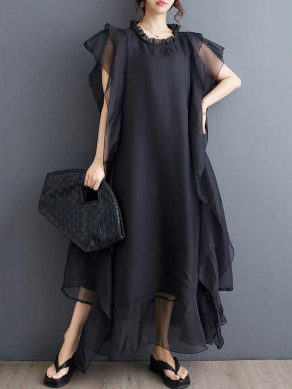 Split-Joint Solid Color Pleated Sleeveless Ruffle Sleeves Round-Neck Midi Dresses