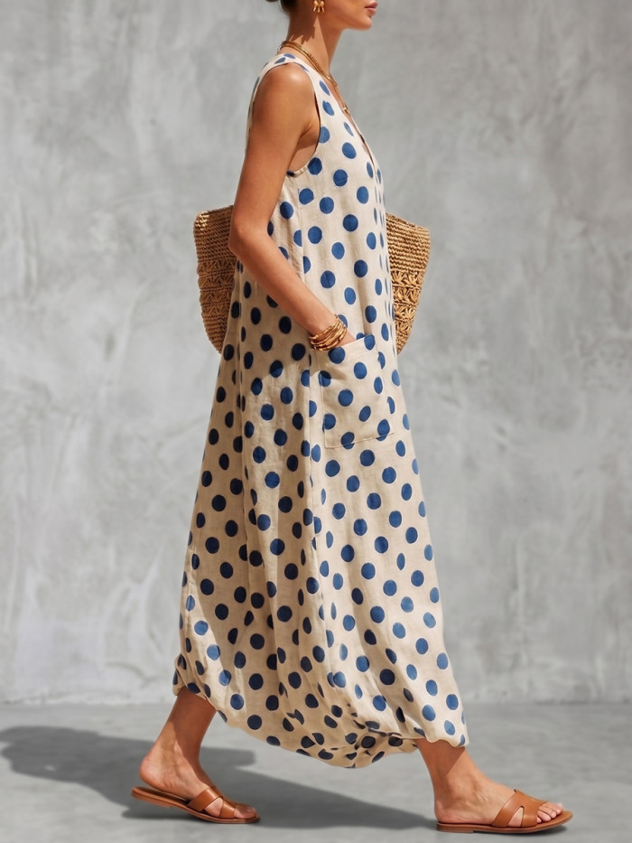 Polka-Dot Pockets Contrast Color Sleeveless Loose V-Neck Maxi Dresses