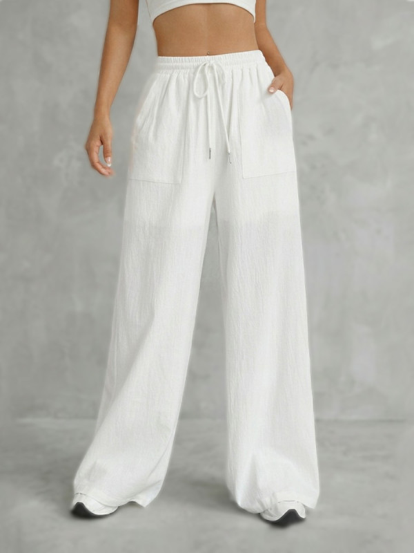 Tied Waist Solid Color Pockets Pleated Elasticity Wide Leg High Waisted Trousers Pants