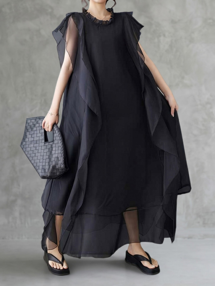 Split-Joint Solid Color Pleated Sleeveless Ruffle Sleeves Round-Neck Midi Dresses