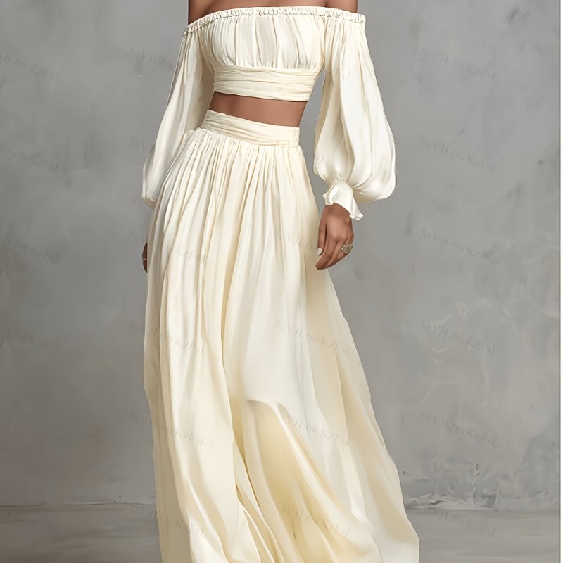 New Cross-Border Women's Fashion Elegant Solid Color Off-Shoulder T-Shirt + Skirt 2pcs Set