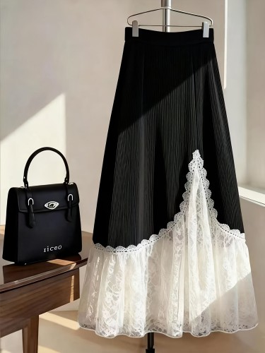 Women'S Velvet Hollow Lace Splicing Skirt