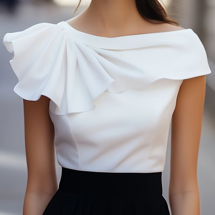 Spring & Summer White Satin One-Shoulder Ruffle Top - Asymmetric Pleated Decor Sleeveless Slim-Fit Elegant Blouse for Work & Date Nights