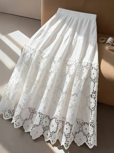 ✨Hollow Lace Spliced A-Line Skirt 🤍Elegant High Waist Mid Length Gentle Style Women Fashion