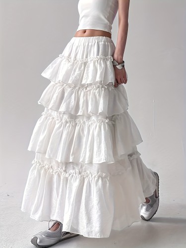 ✨Solid A-Line Ruffle Hem Skirt | Elegant Fall Winter Elastic Waist Outfit