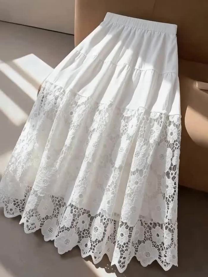 ✨Hollow Lace Spliced A-Line Skirt 🤍Elegant High Waist Mid Length Gentle Style Women Fashion