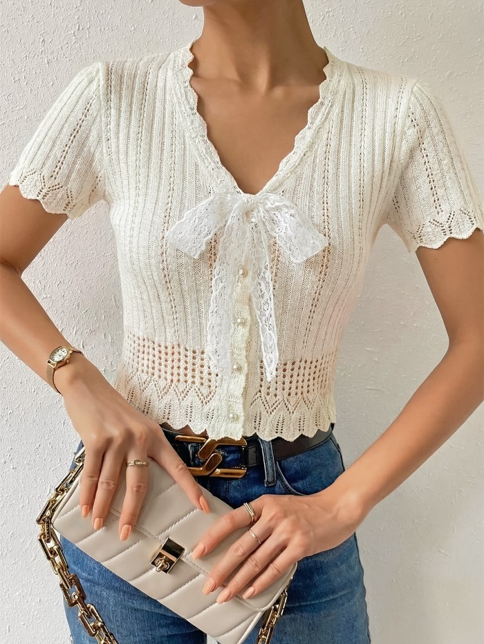 ✨Lace Stitching Button Short Top | European American Spring Summer Elegant Slim Fit