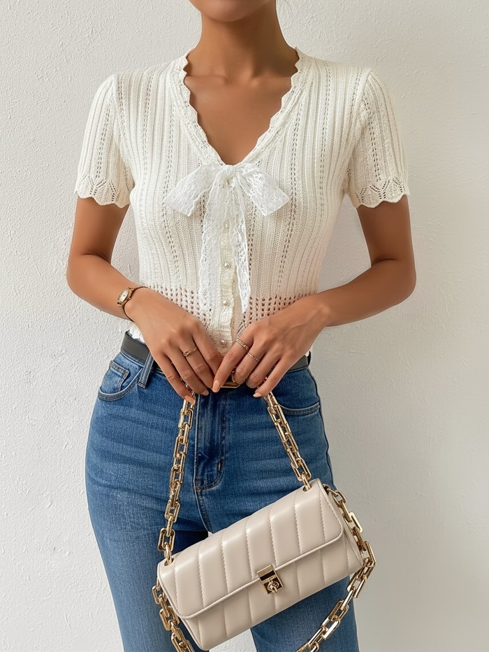 ✨Lace Stitching Button Short Top | European American Spring Summer Elegant Slim Fit