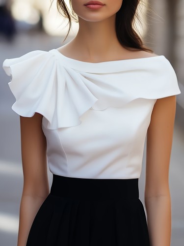 Spring & Summer White Satin One-Shoulder Ruffle Top - Asymmetric Pleated Decor Sleeveless Slim-Fit Elegant Blouse for Work & Date Nights