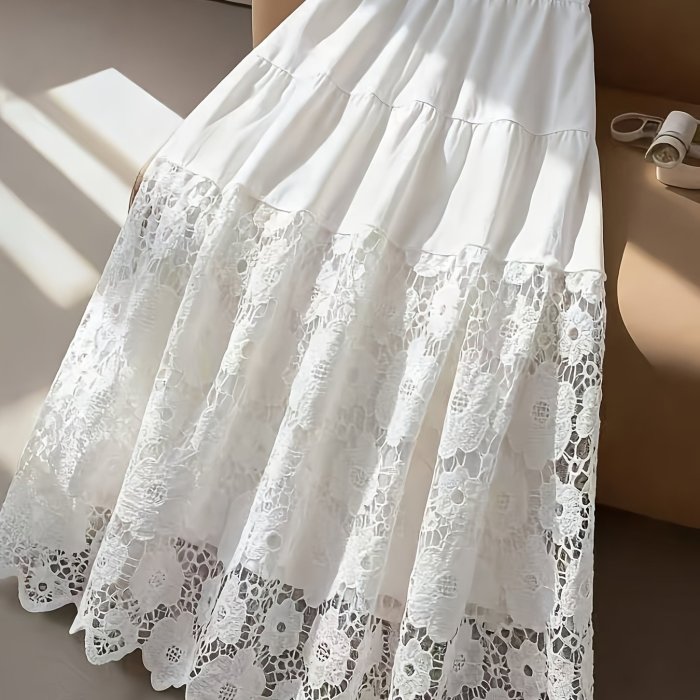 ✨Hollow Lace Spliced A-Line Skirt 🤍Elegant High Waist Mid Length Gentle Style Women Fashion
