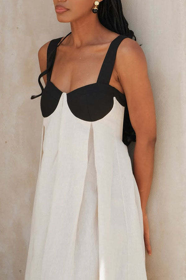 Linen Blend Colorblock Cups Backless Tie-up Loose Maxi Dress