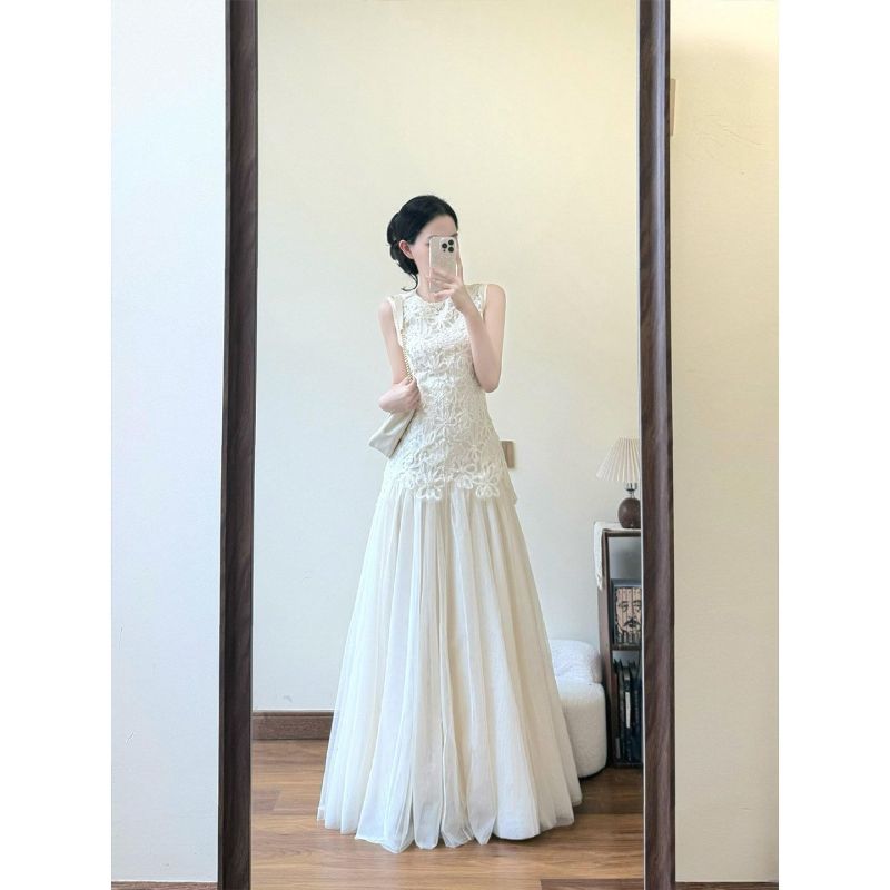 French Style Elegant Luxury Sleeveless Lace High Waist  A Line Party Birthday Vacation Maxi Dress