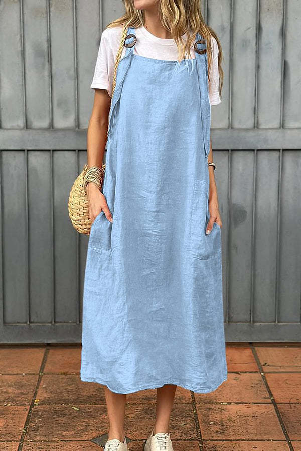 Linen Blend Fashion Adjustable Straps Casual Pocket Midi Dress