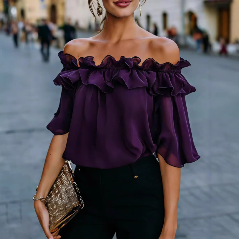 ✨Navy Blue Off Shoulder Ruffle Chiffon Blouse 🌿Elegant vintage short sleeve top perfect for summer party and daily casual wear