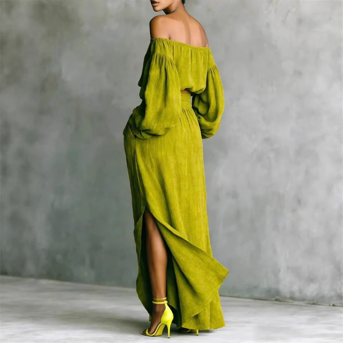 2026  Chic Linen Trendy Off-Shoulder Puff Sleeve Crop Top Split Skirt 2 Piece Set Premium Linen Set