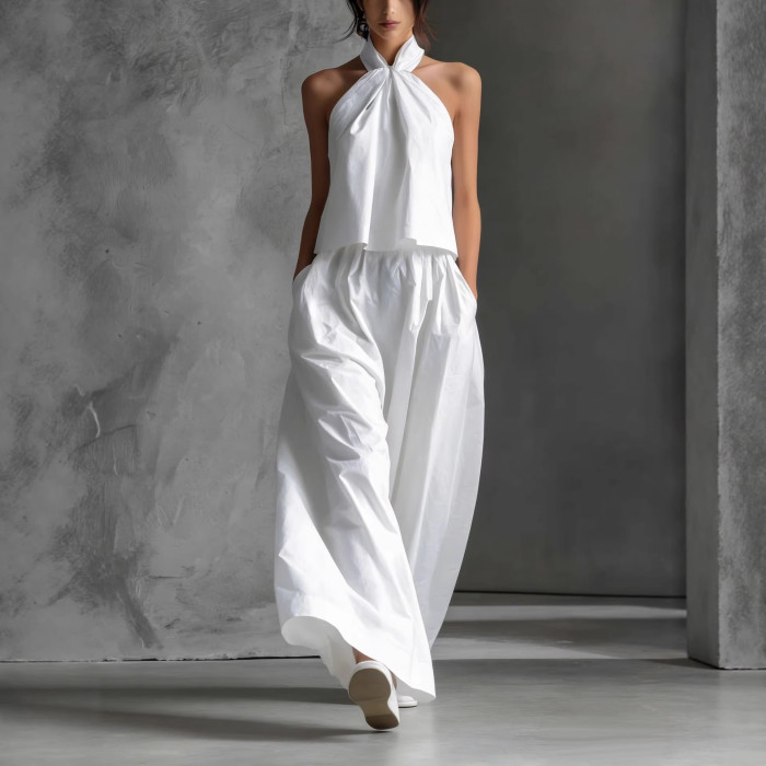 Elegant Lady High Waist Pants Sets Stylish Hollow Out Sleeveless Halter Tops+ Pants Sets