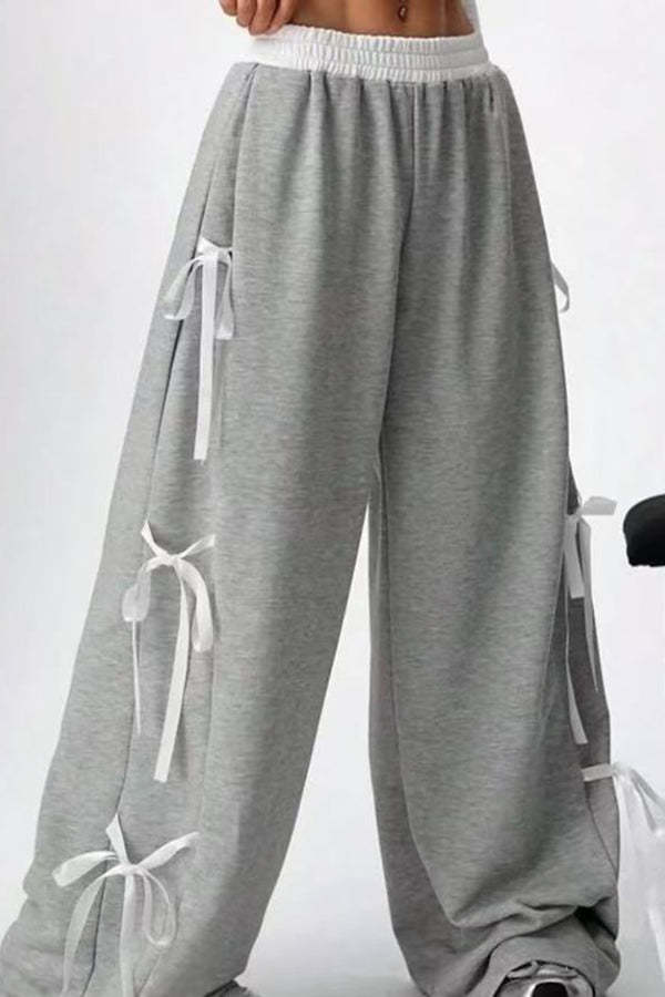 Fashion Elastic Waist Side Bow Casual Straight Wide-leg Pants