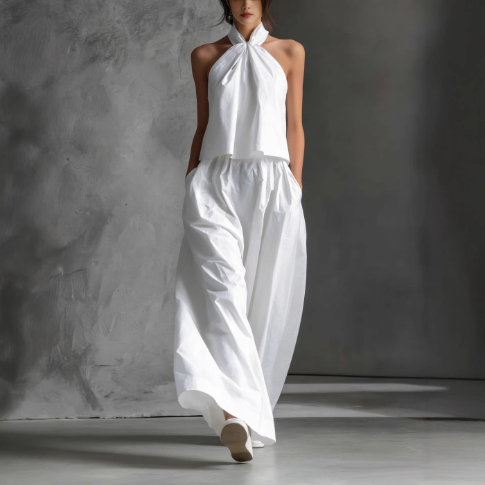Elegant Lady High Waist Pants Sets Stylish Hollow Out Sleeveless Halter Tops+ Pants Sets