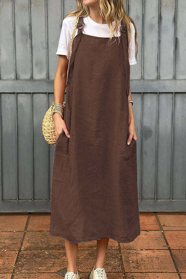 Linen Blend Fashion Adjustable Straps Casual Pocket Midi Dress