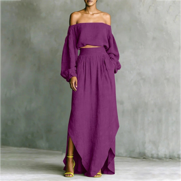 2026  Chic Linen Trendy Off-Shoulder Puff Sleeve Crop Top Split Skirt 2 Piece Set Premium Linen Set
