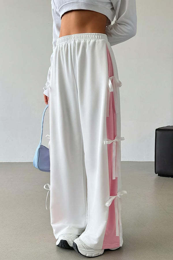 Fashion Elastic Waist Side Bow Casual Straight Wide-leg Pants