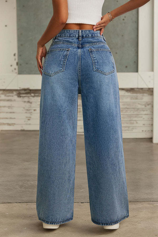 Fashion Rhinestone Embellished High Waist Tie Casual Pocket Wide Leg Jeans