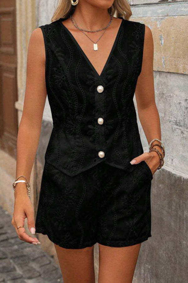Solid Color Embroidered V-neck Button Casual Vest and Loose Pocket Shorts Set