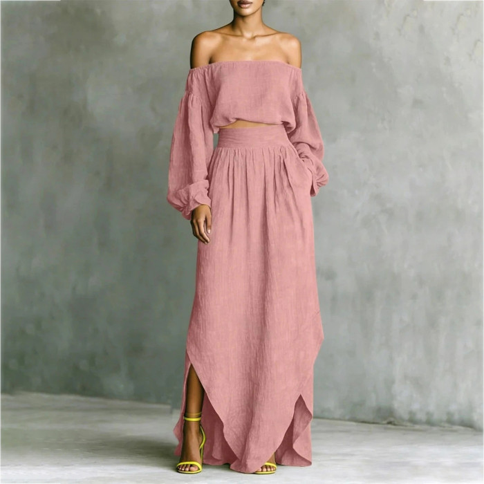 2026  Chic Linen Trendy Off-Shoulder Puff Sleeve Crop Top Split Skirt 2 Piece Set Premium Linen Set